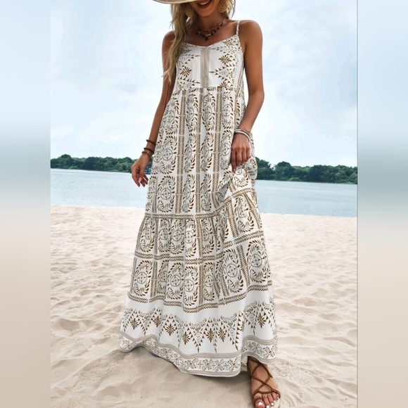 Dresses & Skirts - New Boho Tribal Print Flowy Maxi Slip Dress Cami Brown Tan White